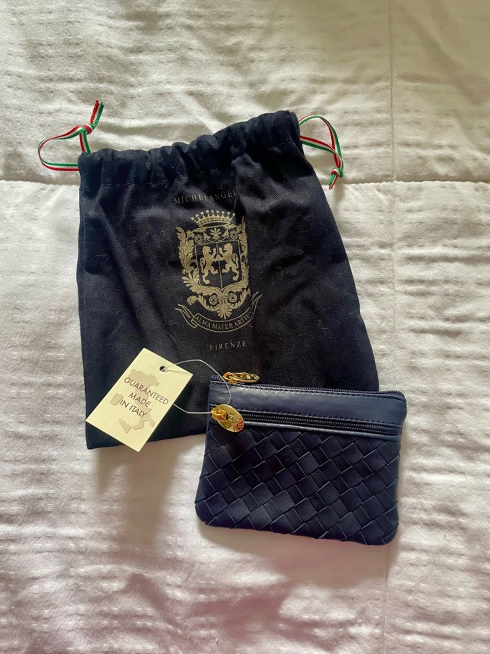 Michelangelo Navy Woven Leather Pouch with Gold Hardware from Italy